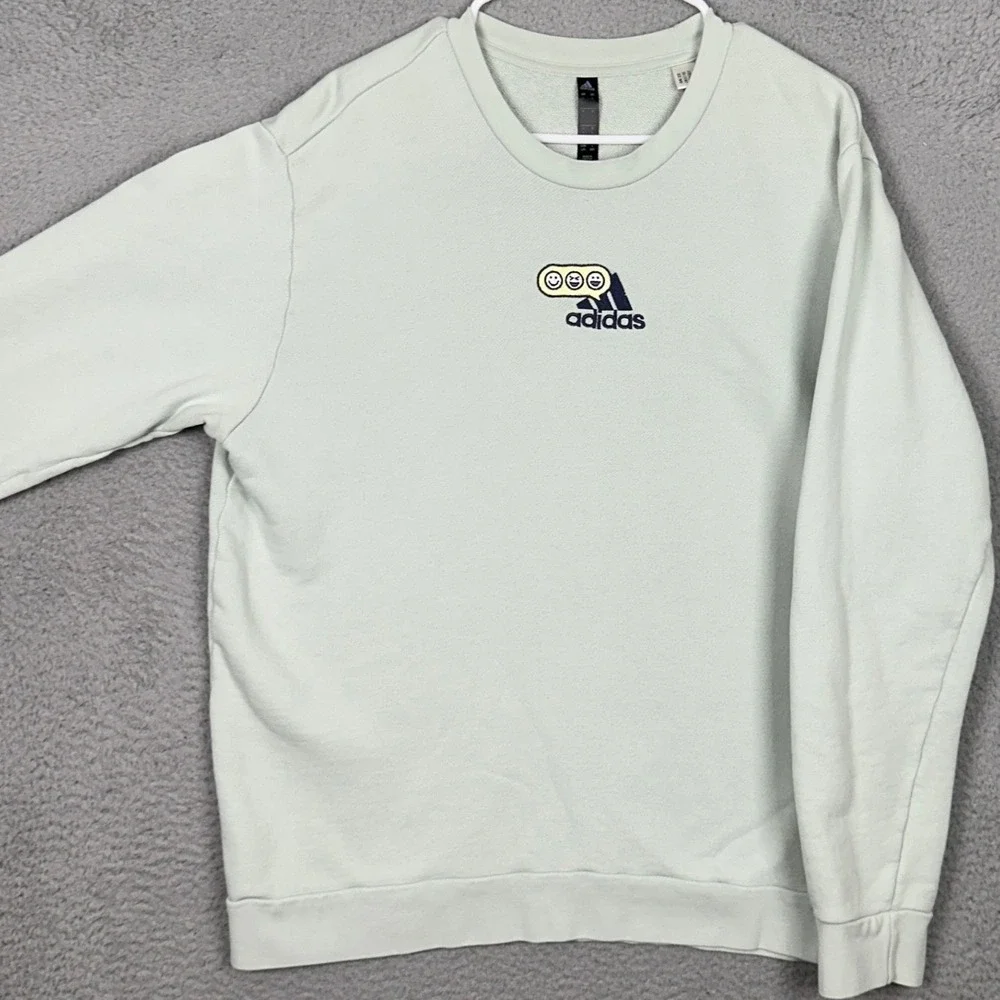 Adidas Sweatshirt Mens Large Mint Green Smiley Face Graphic Crew Neck Pullover
